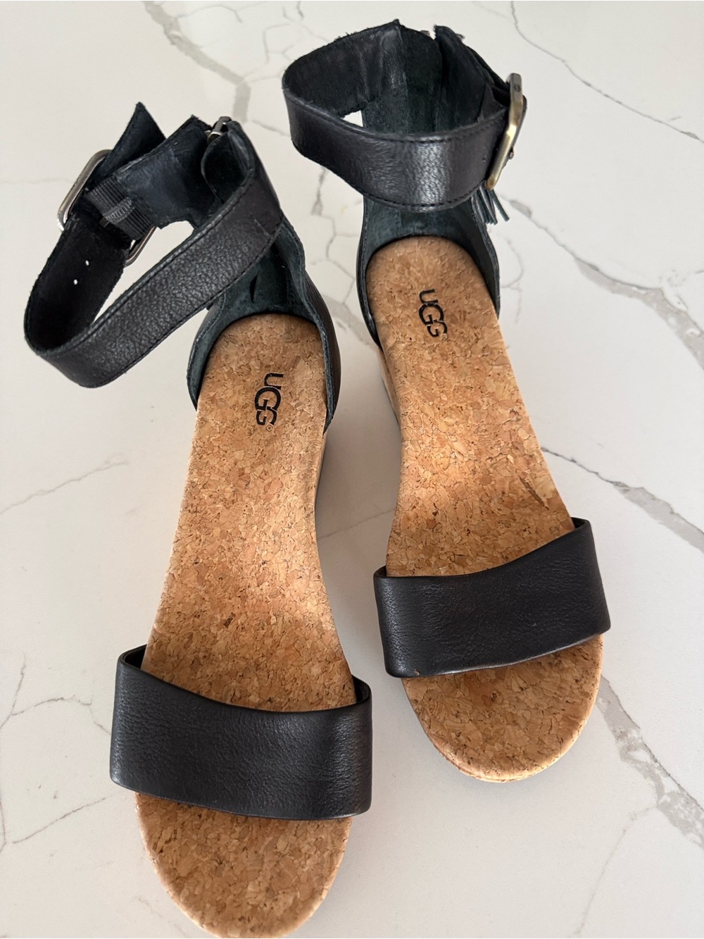 UGG Black Cork Footbed Ankle-Strap Sandals, size 7.5